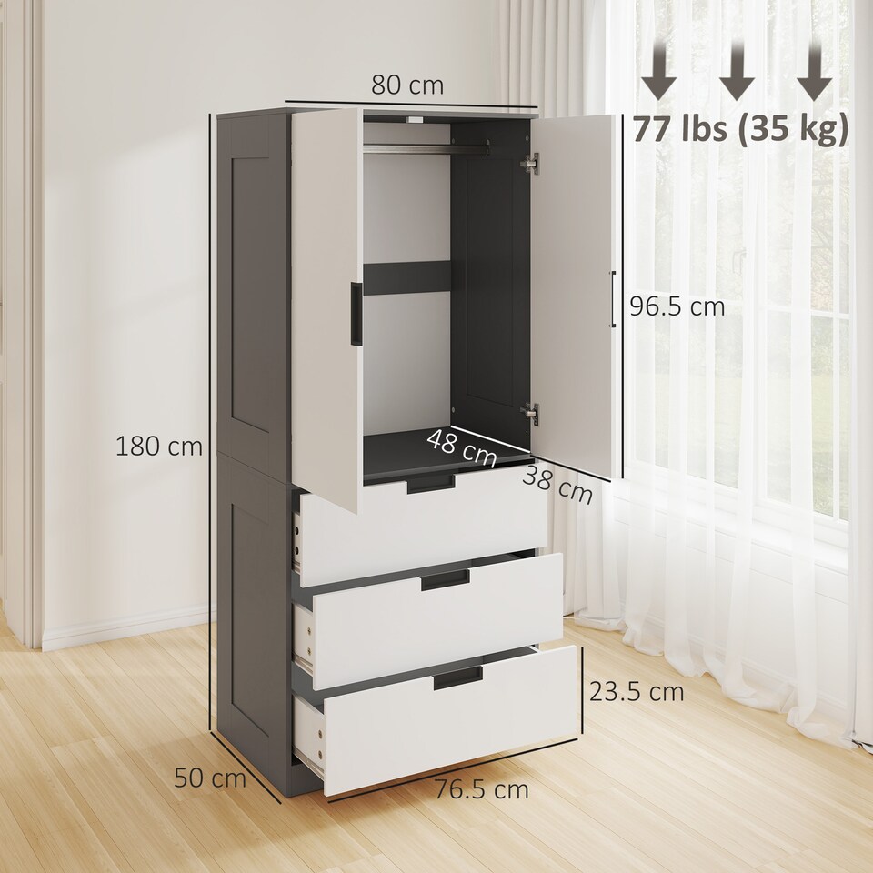 image 1 of HOMCOM 3 Drawer 2 Door Wardrobe, Modern Clothes Storage Cupboard Unit with Hanging Rod, Bedroom Wardrobe with Soft Closing Hinge, 50D x 80W x 180Hcm, Grey