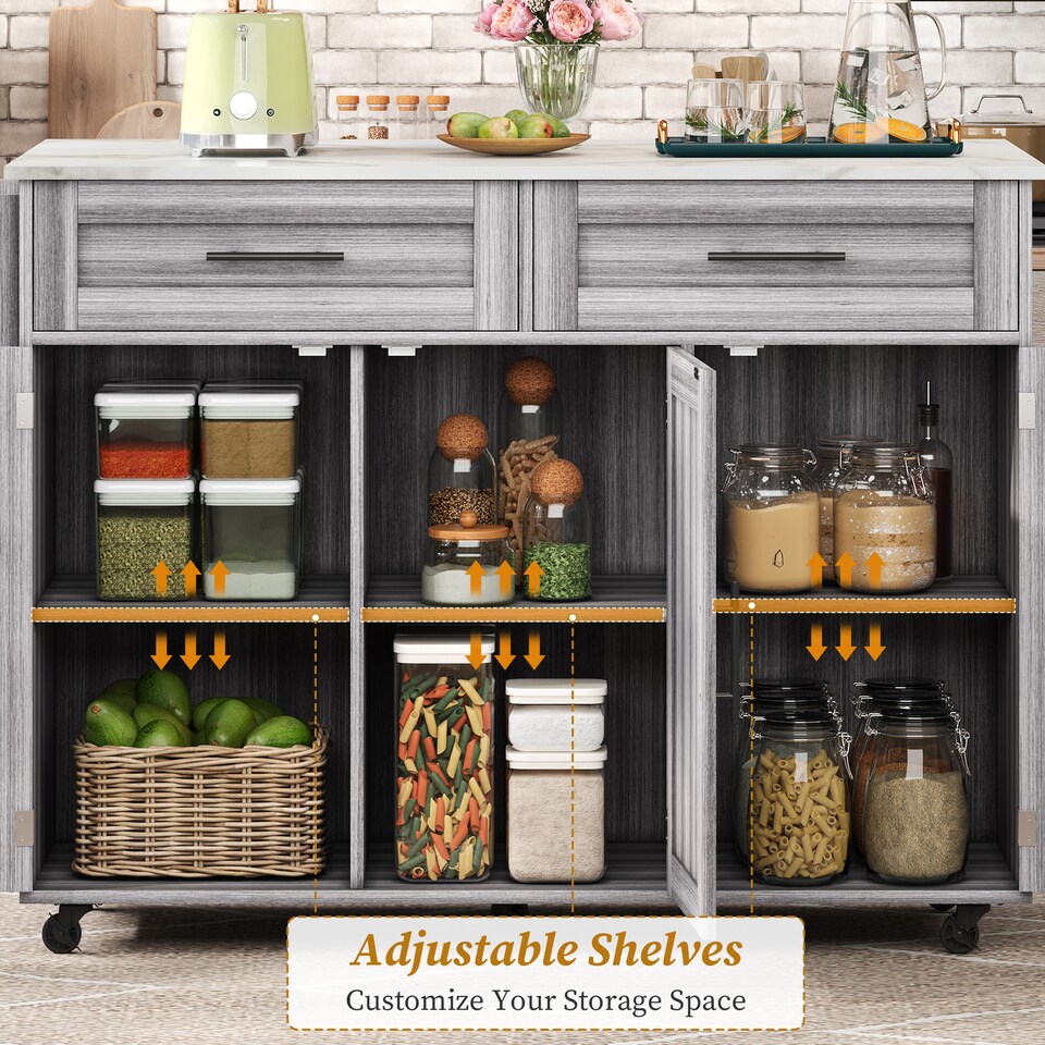 image 1 of VILUXE Mobile Kitchen Island with Foldable Worktop, 2 Drawers, Adjustable Shelves, Towel Rail, Wheels and Solid Wood Feet, Grey and White
