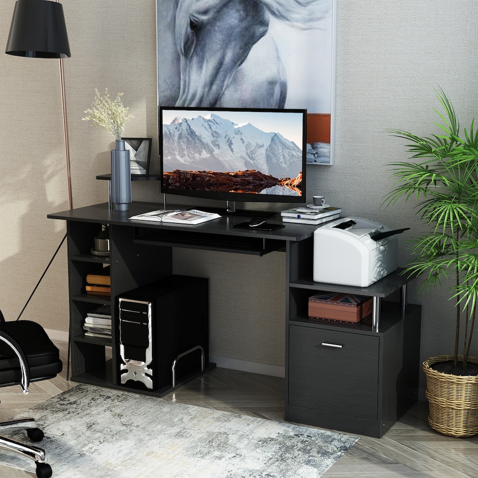 image 1 of HOMCOM Computer Desk PC Workstation with Drawer Shelves CPU Storage Rack Home Office Furniture (BLACK)