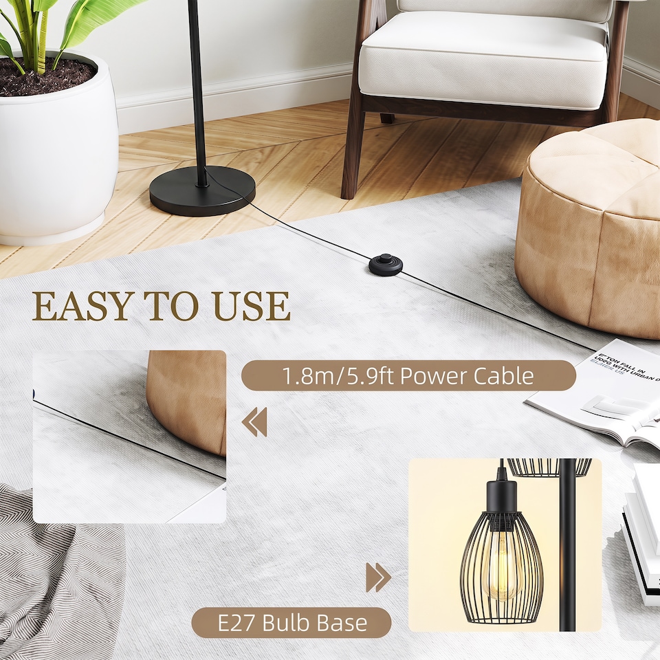 image 1 of HOMCOM Industrial 3-Light Floor Lamp Dimmable Standing Lamp for Living Room