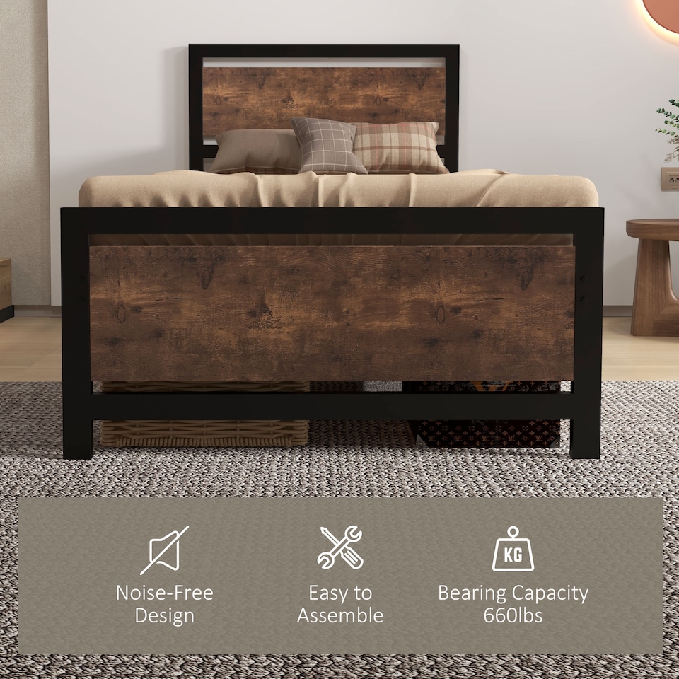 image 1 of HOMCOM Single Size Metal Bed Frame with Headboard & Footboard, Strong Slat Support Solid Bedstead Base w  Underbed Storage Space, Bedroom Furniture For Adults