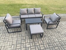Fimous Aluminium Patio Outdoor Furniture Set 6 Seater Garden Sofa with Oblong Coffee Table Big Footstool 2 Armchairs Dark Grey
