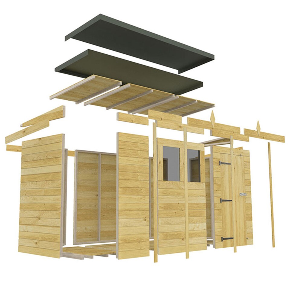 image 1 of 8 x 4 Feet Pent Shed - Single Door With Windows - Wood - L118 x W243 x H201 cm