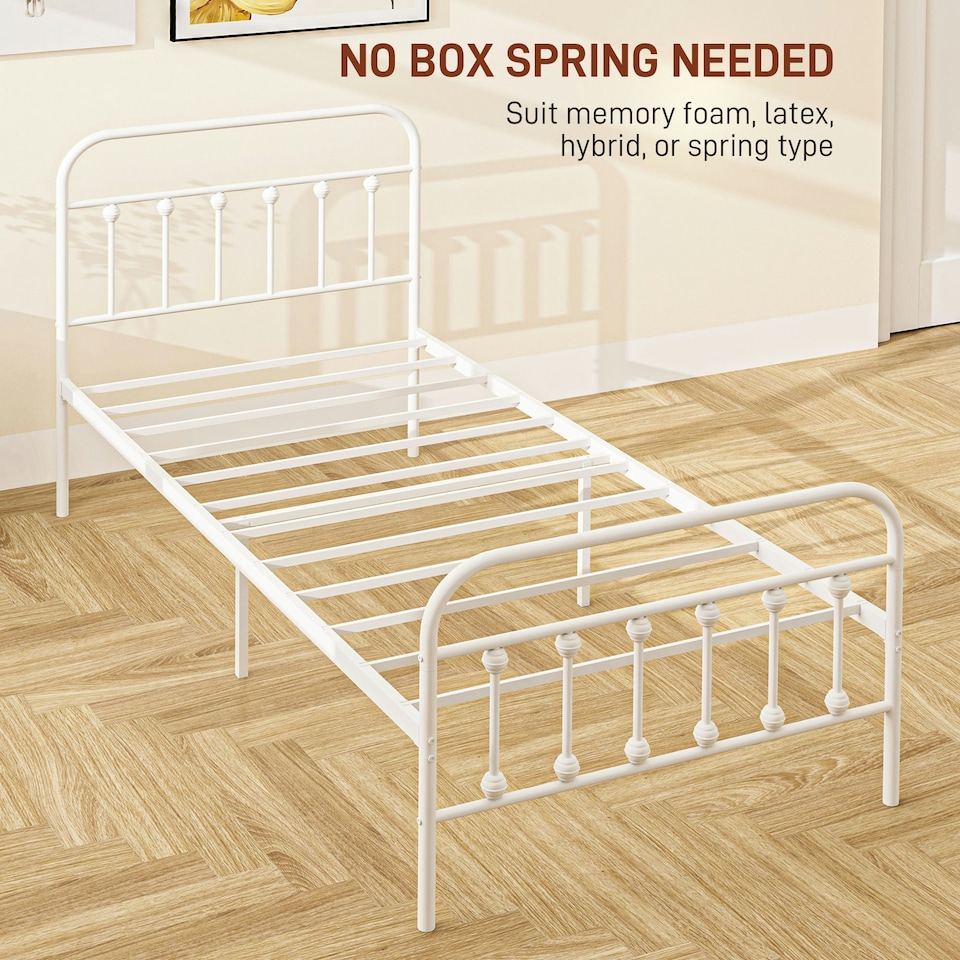 image 1 of HOMCOM 3ft Metal Single Platform Bed Frame w/ Underbed Storage Headboard White