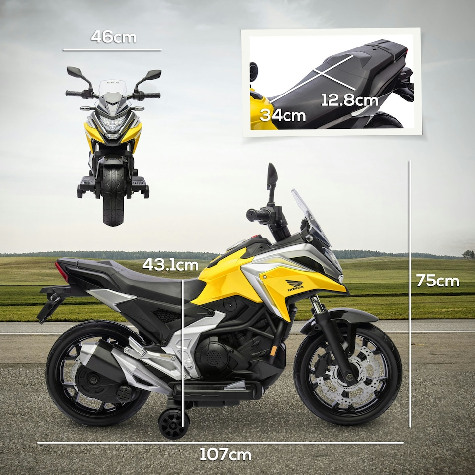 image 1 of AIYAPLAY Honda Licensed 12V Kids Electric Bike w/ Music, Headlights - Yellow