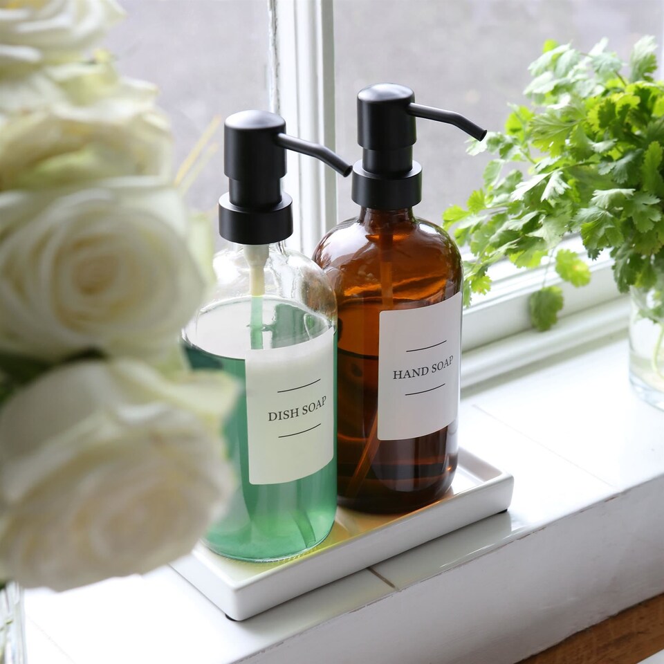 image 1 of Harbour Housewares 2pc Glass Soap Dispenser Set with Ceramic Tray & Labels - 500ml - Amber/White