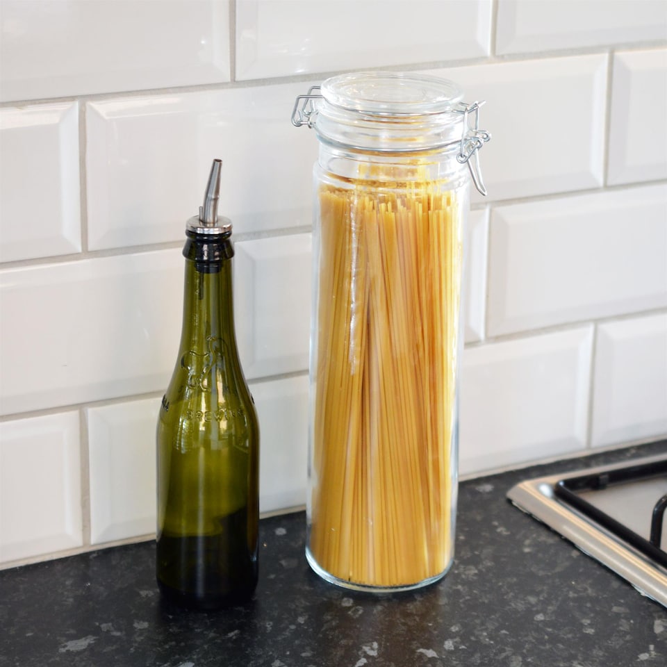 image 1 of Argon Tableware 3x Glass Spaghetti Jar & Labels Set - 2 Litre - 4 Colour Seals Airtight Kitchen Storage Container Preserving Jar
