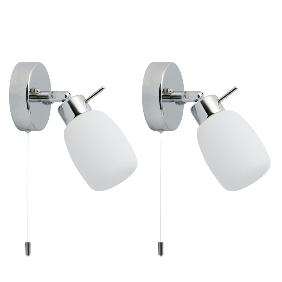 image 1 of First Choice Lighting Set of 2 Brom Chrome Opal Glass IP44 Pull Cord Bathroom Wall Spotlights Chrome