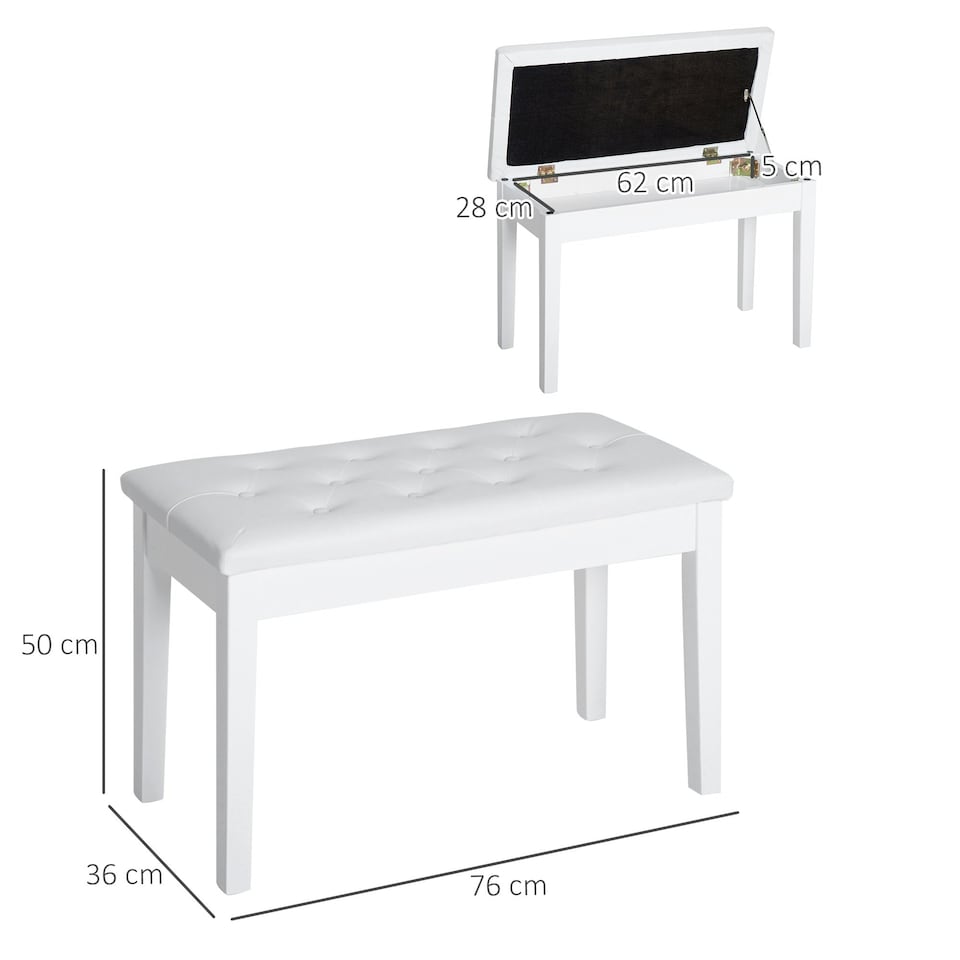 image 1 of HOMCOM Classic Piano Bench Padded Seat Wooden Makeup Stool, White