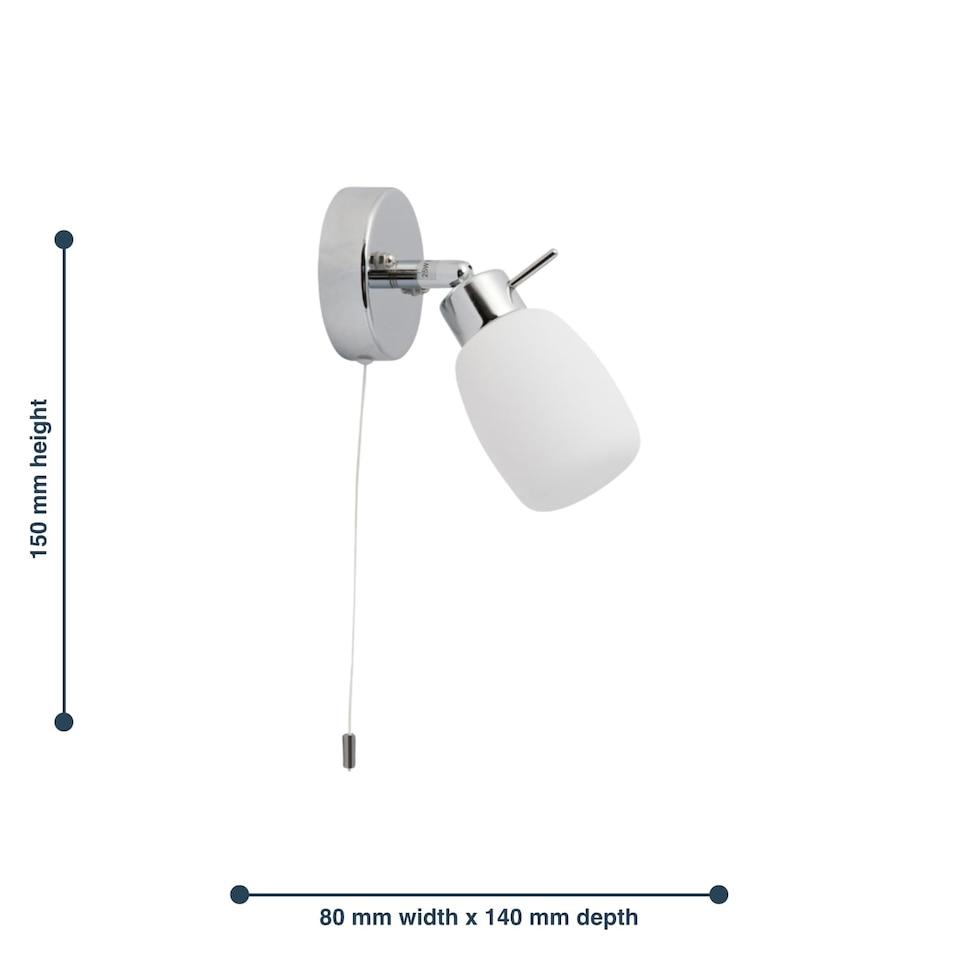 image 1 of Brom - Chrome Opal Glass IP44 Pull Cord Bathroom Wall Spotlight | Chrome | 1