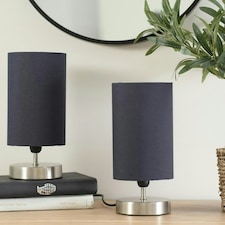 ValueLights Pair Francis Brushed Chrome Touch Table Lamps Navy Shades & Bulbs