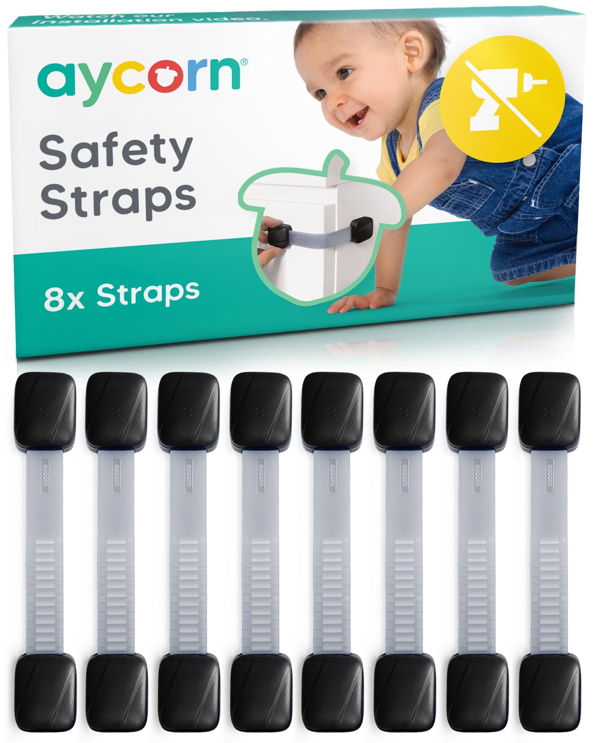 Aycorn Non-Magnetic Baby Safety Straps (8 Pack) in Black