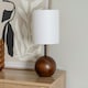 image 1 of ValueLights Brandon White Tall Linen Lamp Shade Dark Walnut Wood Ball Table Lamp with Bulb Brown