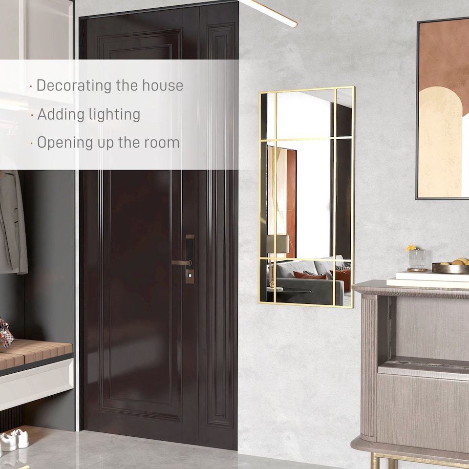 image 1 of HOMCOM Rectangle Wall Mirror, 110  50cm Window Style Vanity Mirror with Metal Frame, Vertical or Horizontal Hanging for Living Room, Bedroom, Entryway, Gold Tone