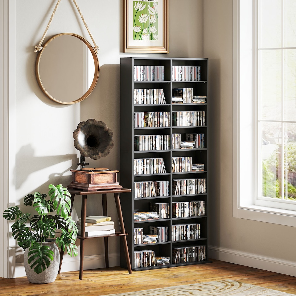 image 1 of HOMCOM 640 CD360 DVD Storage Unit, Blu-ray Media Storage Shelf with 18 Compartments and 14 Adjustable Shelves, CD Tower for Living Room, Bedroom, Office, Black | Black