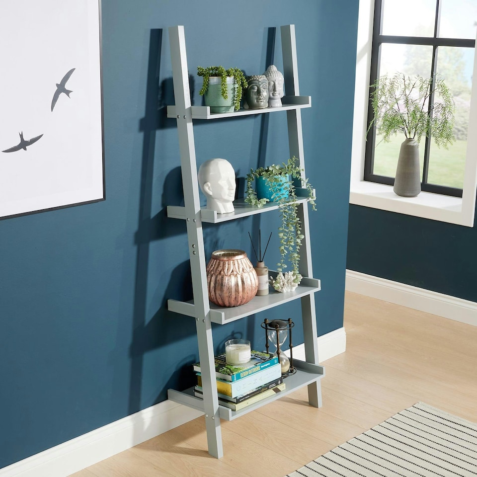 image 1 of Ladder Shelf Bookcase 3 or 5 Tier Storage Shelving Unit Display Stand Grey | 5 Tier