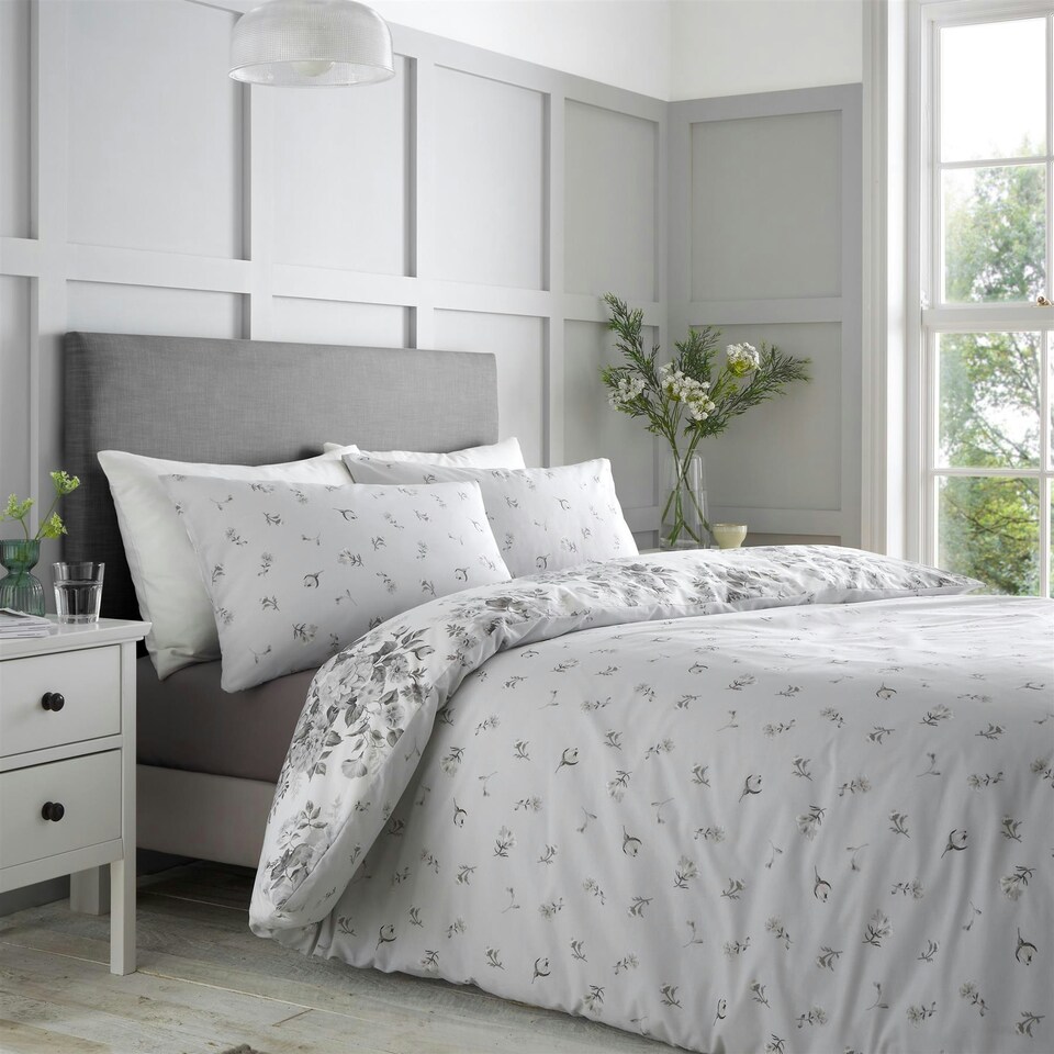 image 1 of Catherine Lansfield Elinda Floral Grey Duvet Cover Set Grey | King