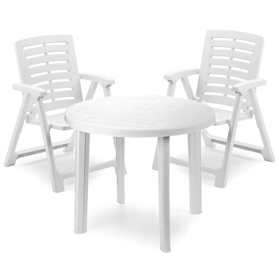 image 1 of Round Plastic Table & 2 Folding Chairs Set with Armrests Garden Patio Furniture