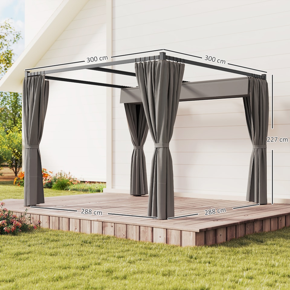 image 1 of Outsunny 3 x 3(m) Pergola with Retractable Roof and Curtains, Light Grey