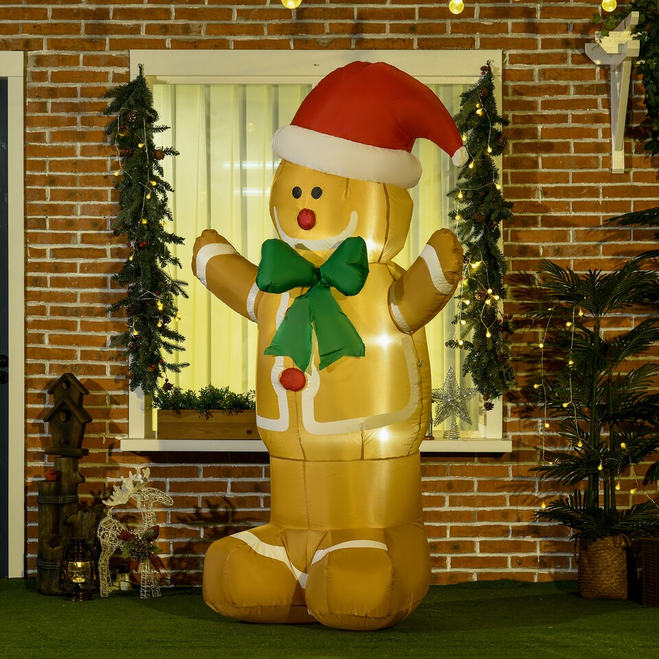 image 1 of HOMCOM 6ft Christmas Inflatable Gingerbread Man & Santa Hat Safe Outdoor Decoration w Accessories