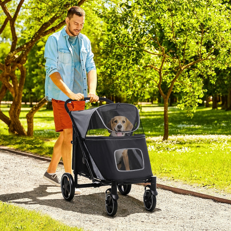 image 1 of PawHut Foldable Dog Carriage w/ Universal Wheels, Shock Absorber - Black