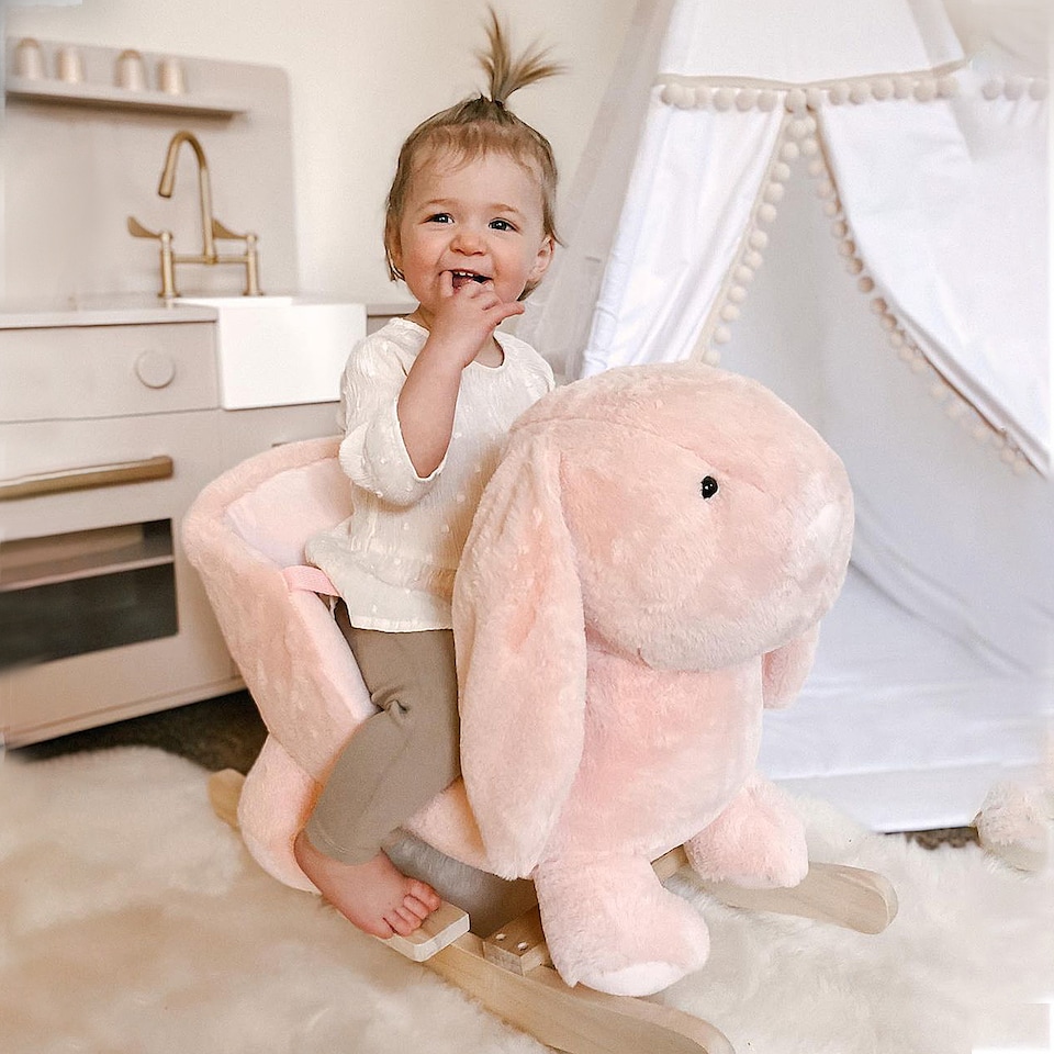 image 1 of HOMCOM Kids Rocking Rabbit, Plush Rocking Horse Ride-On with Sound, Wood Base, Seatbelt, for Ages 18-36 Months, Pink
