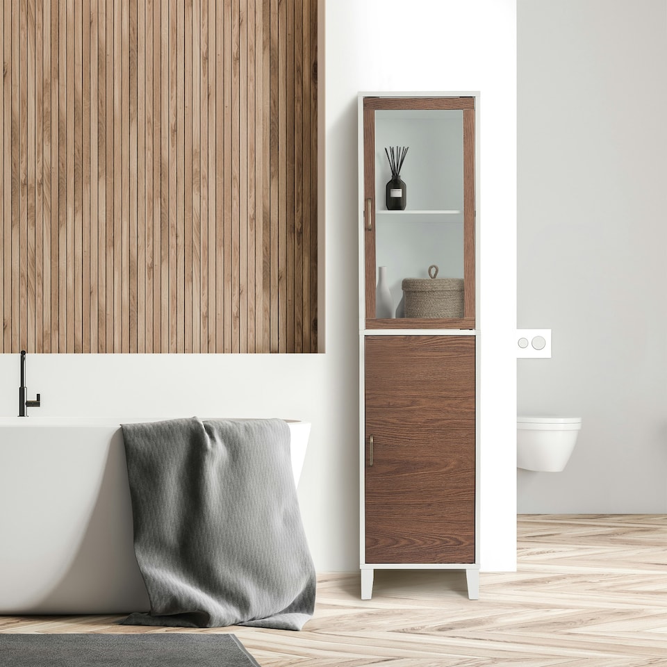 image 1 of Teamson Home Tyler Modern Wooden Linen Tower Tall Storage Cabinet with Two Doors, Walnut/White