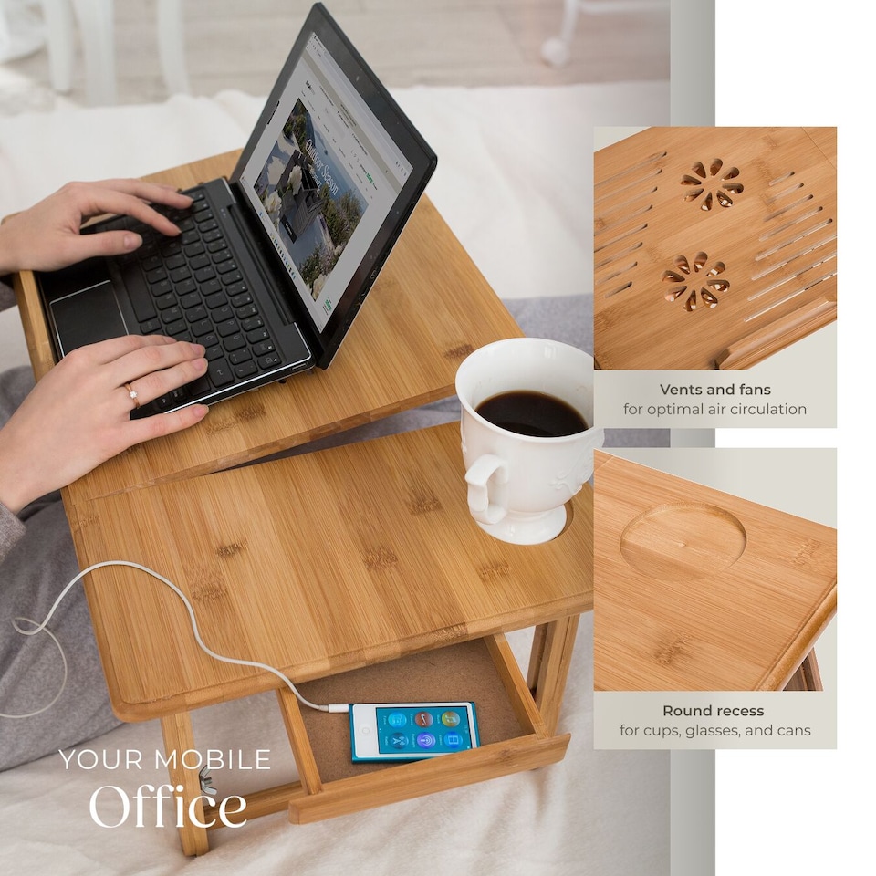 image 1 of Laptop Stand - 4 angles of inclination, with drawer, storage space, USB dual fan, 55 x 35 x 26 cm