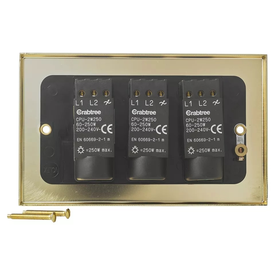 image 1 of Volex Crabtree Brass Gold 3-Gang Dimmer Light Switch