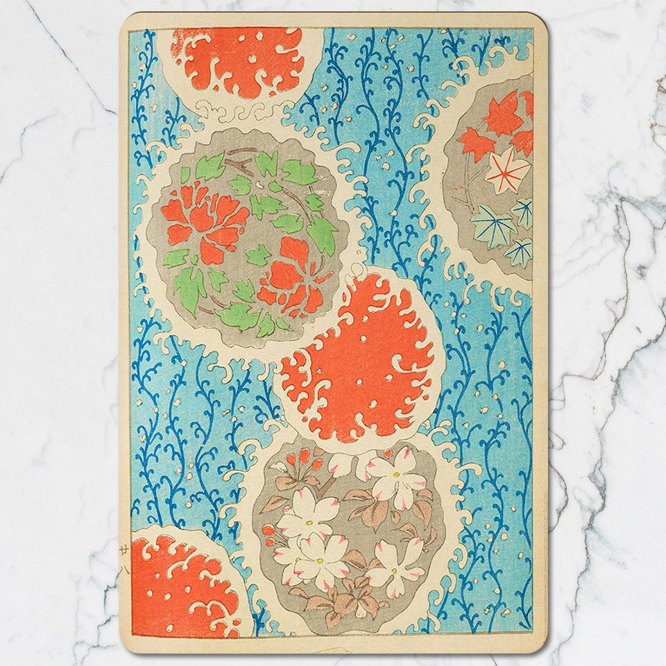 image 1 of Set Of 12 Placemats And Coasters With Designer Artwork And Wood Bottom
