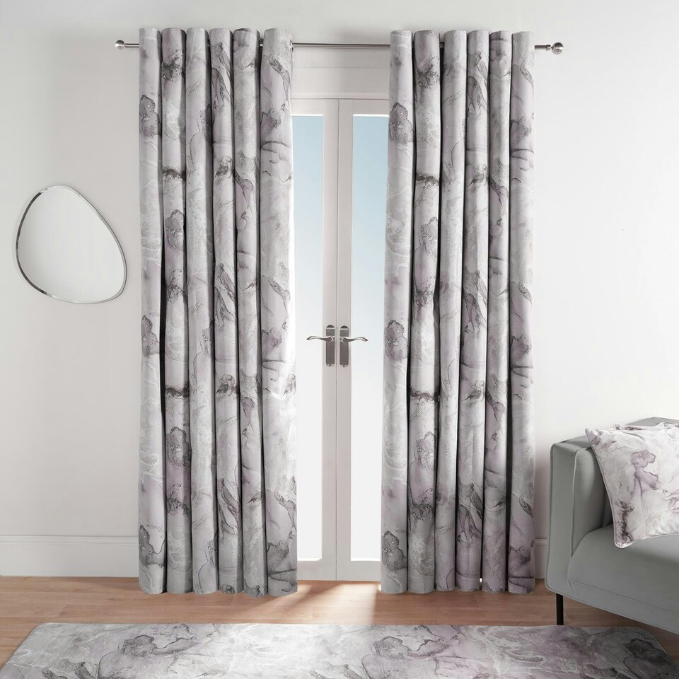image 1 of OHS Marble Print Thermal Blackout Eyelet Curtains, 66x90" - Grey