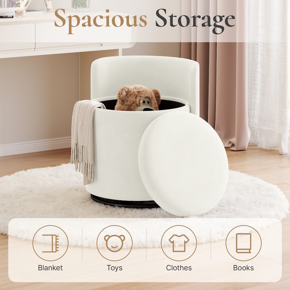 image 1 of Yaheetech Velvet Storage Ottoman Chair, 360° Swivel Tub Chair with Hidden Storage, Lift-Off Lid, Upholstered Backrest, 40L Capacity, 45.8cm H, White