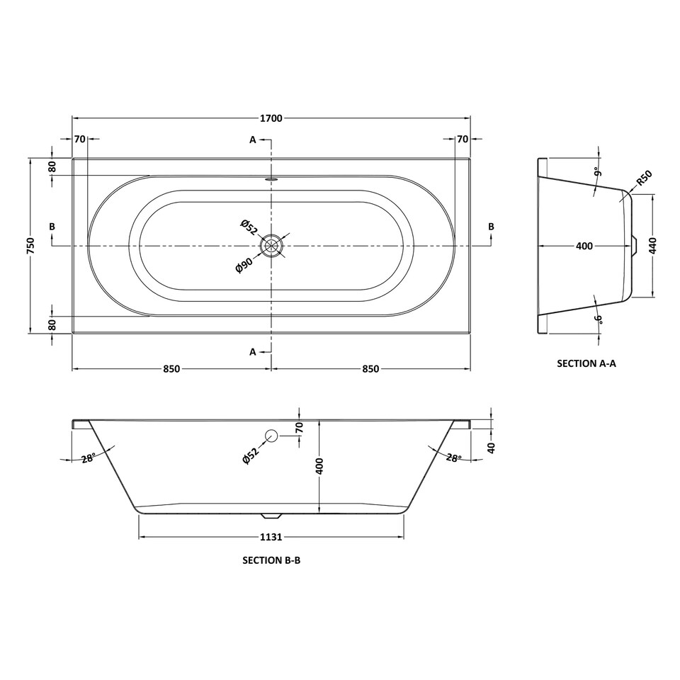 image 1 of Round Double Ended Whirlpool Bath with 12 Chrome Jets and Leg Set, 1700 x 750mm White