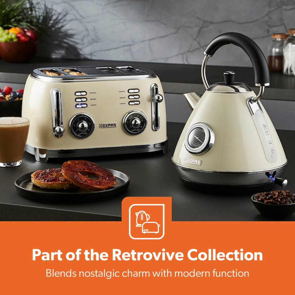 image 1 of GEEPAS 1.7L Electric Kettle & 4 Slice Bread Toaster Kitchen Combo Set | Cream Retrovive | Cream