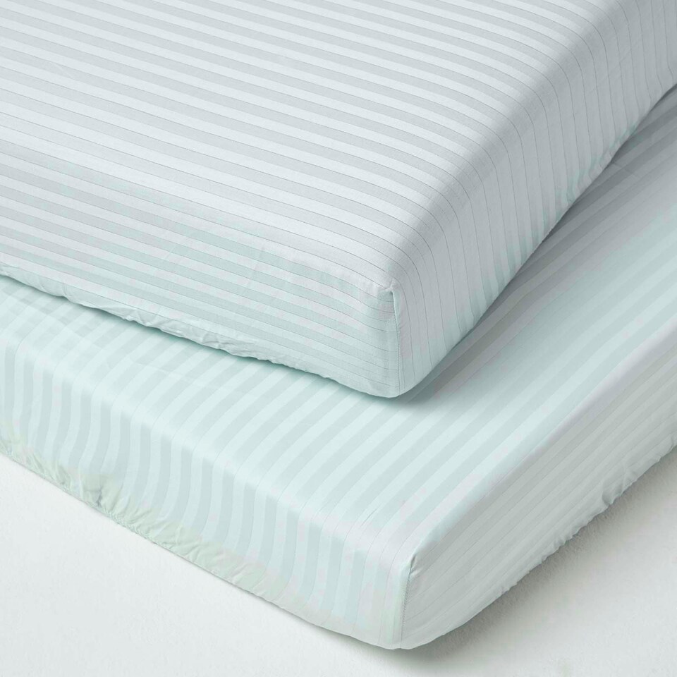 image 1 of Homescapes Blue Cotton Stripe Fitted Cot Sheets 330 Thread Count, 2 Pack Blue | One Size