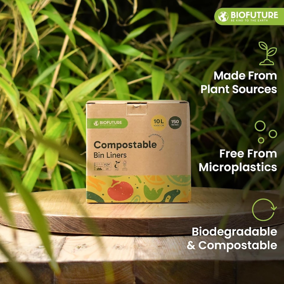 image 1 of Biofuture 10L x 150 Compostable Bin Liners | Home Compostable & Council Approved | Fits 9-11L Kitchen Food Waste Bins | EN13432 Certified & TUV Certified