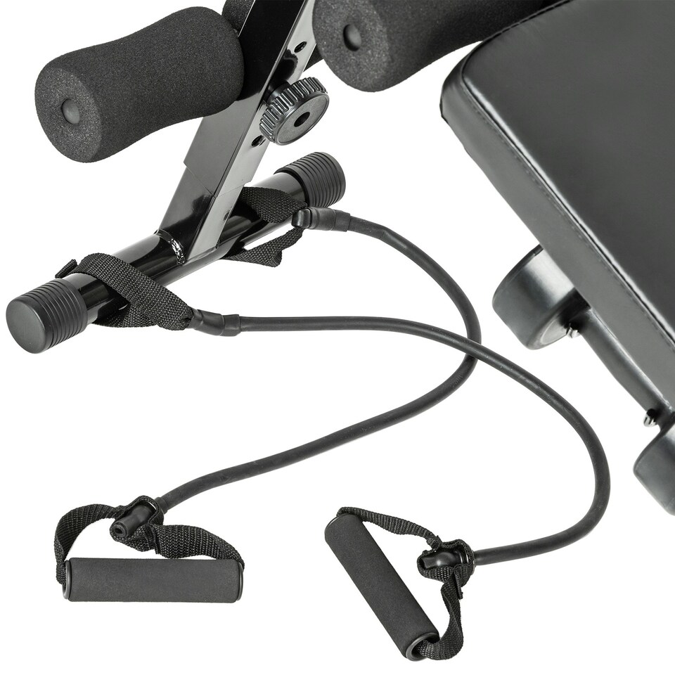 image 1 of Sit-Up Bench Cuttler - 6 positions, padded leg brace, foldable, inc. 2 dumbbells and elastic bands