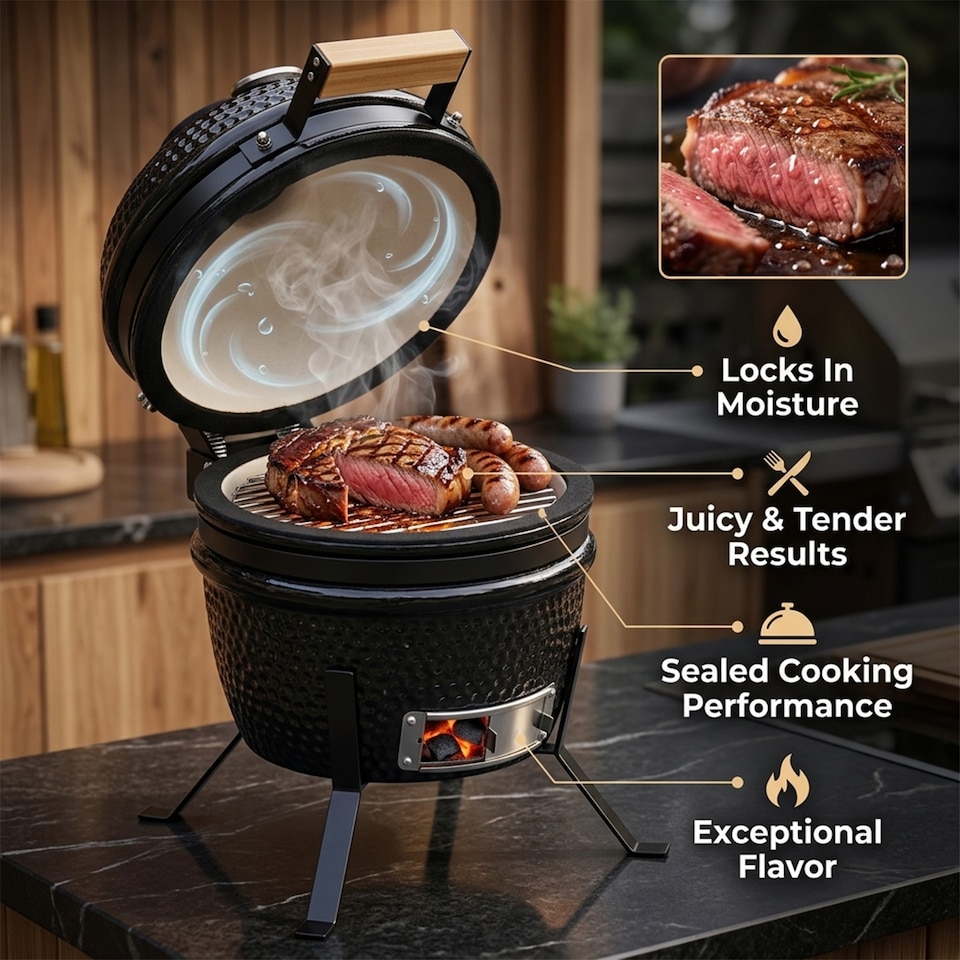 image 1 of Alivio Ceramic Kamado Charcoal BBQ Grill & Smoker with Thermometer, Egg Style Outdoor Barbecue for Grilling, Smoking & Roasting 13"