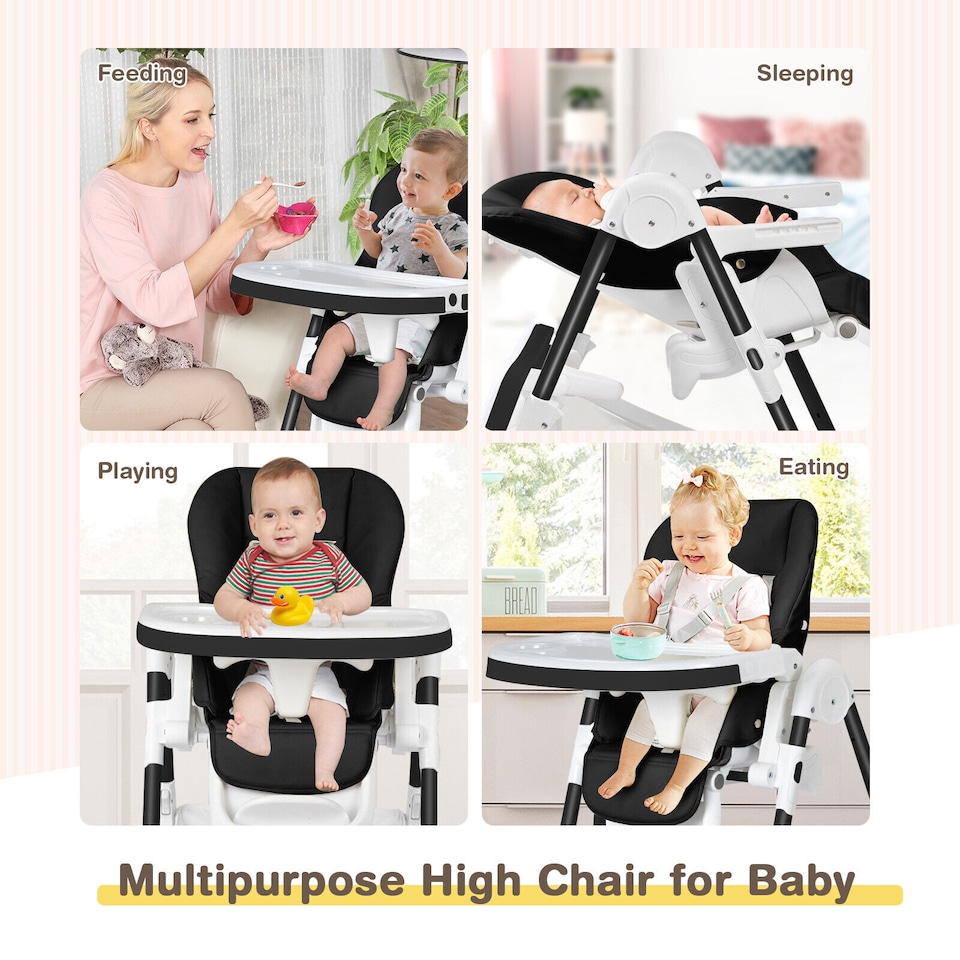 image 1 of COSTWAY Folding Baby High Chair Convertible Infant Portable Dining Highchair-Black
