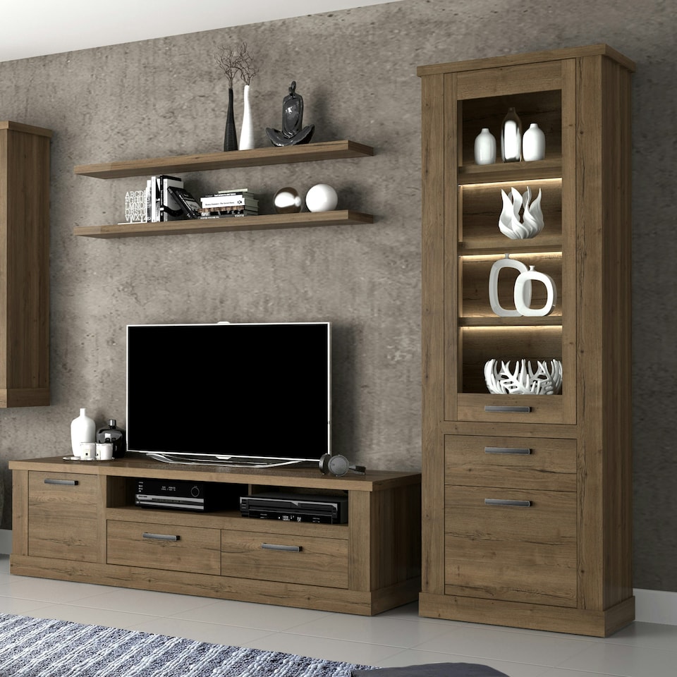 image 1 of Corona 2 Door 1 Drawer 3 Shelve Narrow Display Cabinet in Tabak Oak