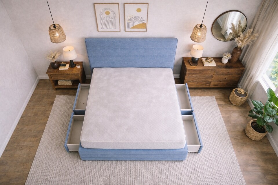 image 1 of Divan Bed Set Headboard and Footboard with Mattress 4ft Small Double Ice Blue Suede Storage 2 Drawers Left Side Laying in Bed