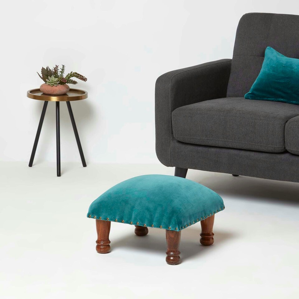 image 1 of Homescapes Mable Teal Green Velvet Square Footstool