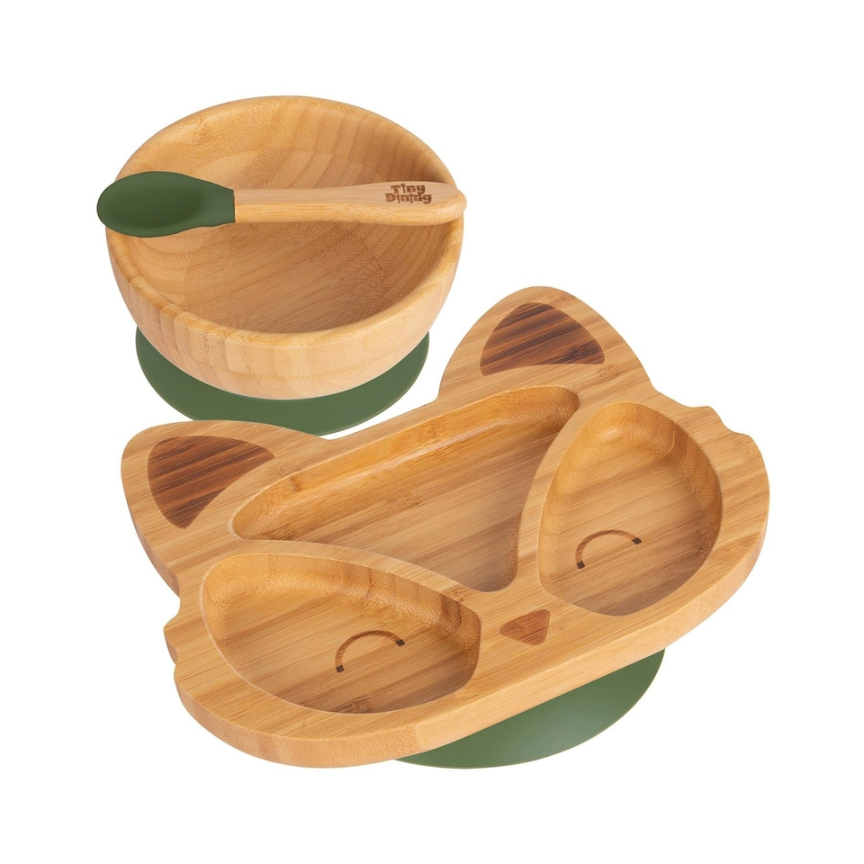 image 1 of Tiny Dining 3pc Fox Bamboo Suction Dinner Set - Olive Green