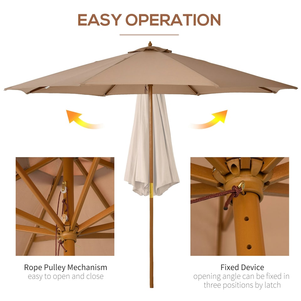 image 1 of Outsunny 3(m) Wooden Garden Parasol Sun Shade Outdoor Umbrella Khaki