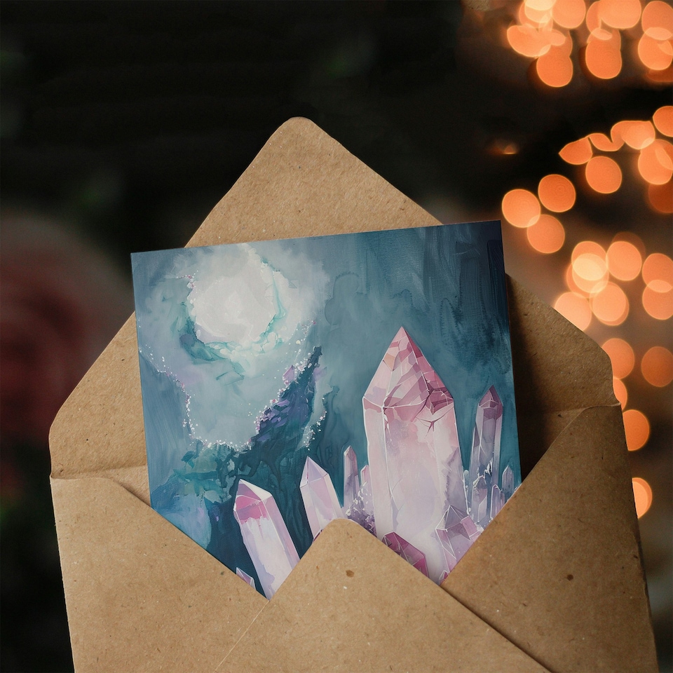 image 1 of Rose Quartz Crystal Pink Mystical Landscape Birthday Card