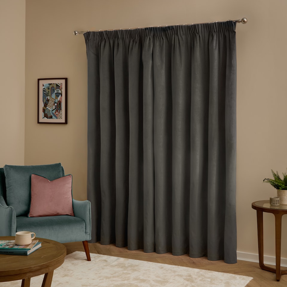 image 1 of furn. The Ultimate Velvet Blackout Pencil Pleat Curtain Pair, Charcoal, (W)117x (D)137cm | Grey | Charcoal | One Size