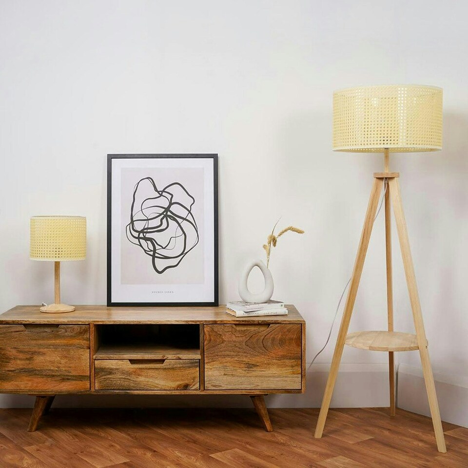 image 1 of ValueLights Morrigan Wooden Tripod Floor Lamp Wicker Shade & Bulb Cream