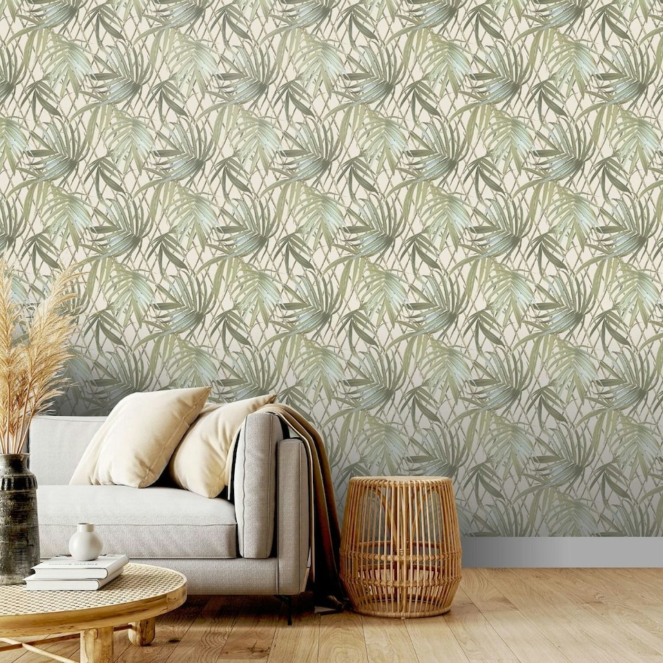 image 1 of Rasch Paradise Palm Leaf Heavyweight Vinyl Textured Wallpaper - Green/Cream - 10m x 53cm Green