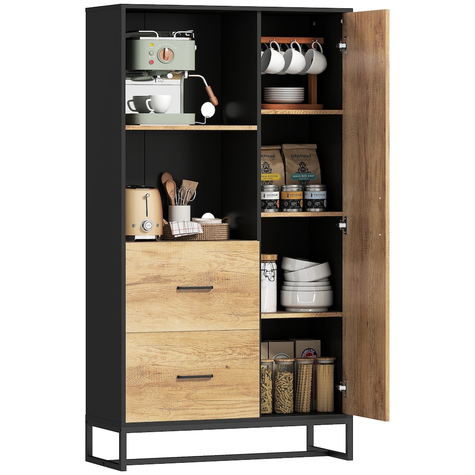 image 1 of HOMCOM 160cm Tall Kitchen Cupboard, Kitchen Pantry Sideboard with 2 Open Shelves, 2 Drawers, Adjustable Shelves and Soft Close Door, Storage Cabinet for Living Room, Dinning Room, Natural Wood Finish