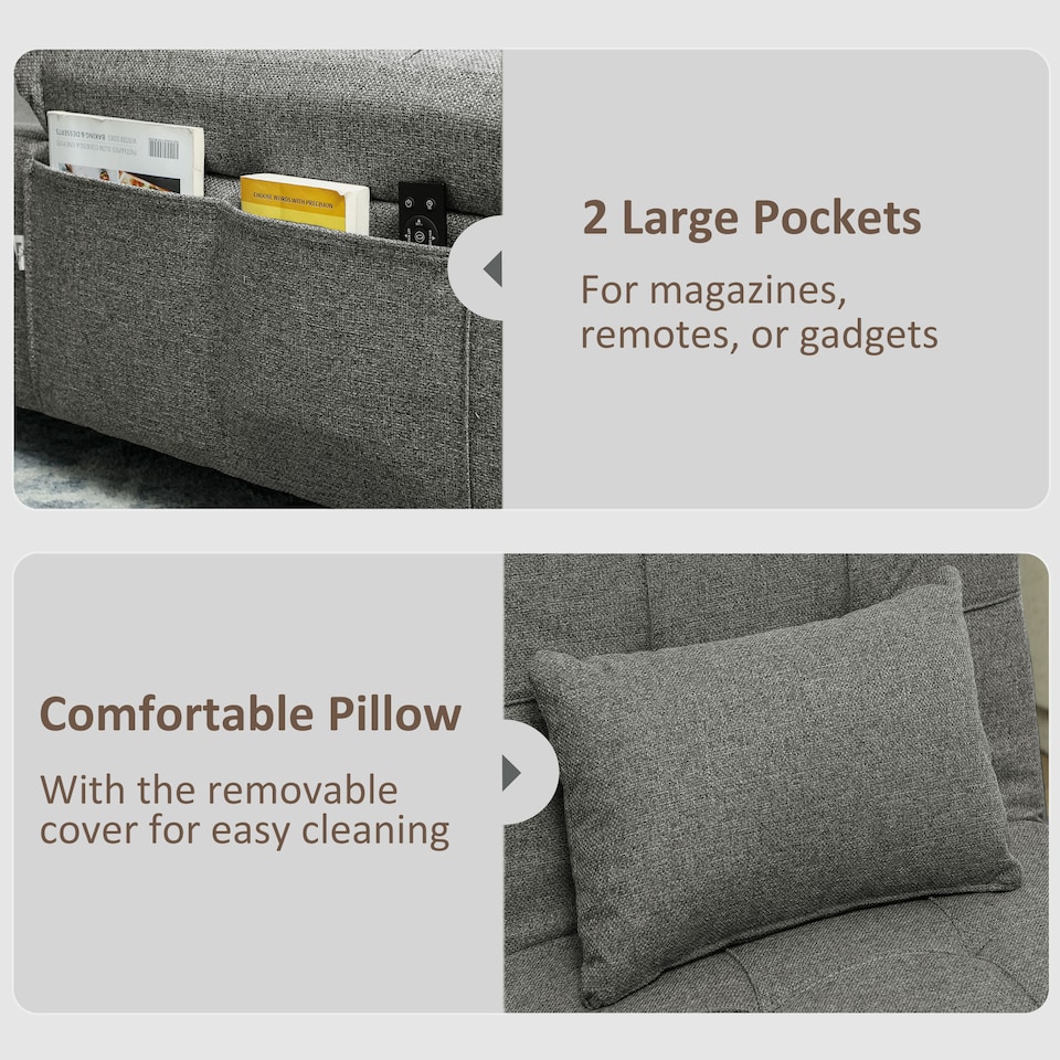 image 1 of HOMCOM 4-in-1 Sofa Bed, Convertible Sleeper Chair Bed with Adjustable Backrest, Fabric Pull Out Chaise Lounge with Pockets for Living Room, Bedroom, Home Office, Small Space, Charcoal Grey | Grey | Charcoal grey